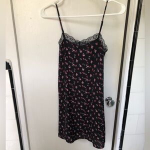 Divided,Black slip mini dress with floral and lace details, size 2